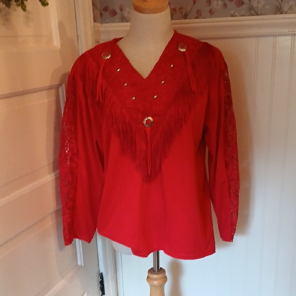 Vintage Red Women's Blouse with Fringe and Lace